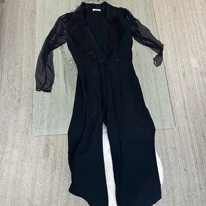 Vintage jumpsuit, brand unknown, sheer long sleeve, velvet collar- fits size XS